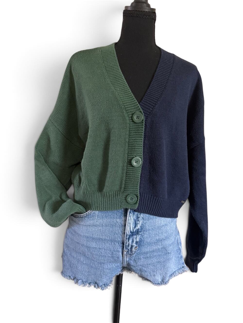 Hollister Y2K Split Colorblock Cropped Cardigan Sweater Green Navy Size XL